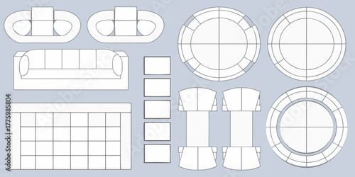 Collection of simplified furniture blueprints and outlines for interior design planning and space arrangement