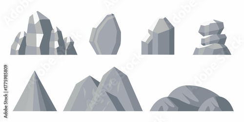 Collection of stylized geometric gray rocks and mountains in a flat design style