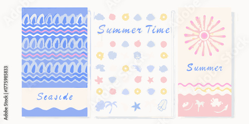 Collection of three stylized summer themed illustrations with pastel colors and hand drawn elements