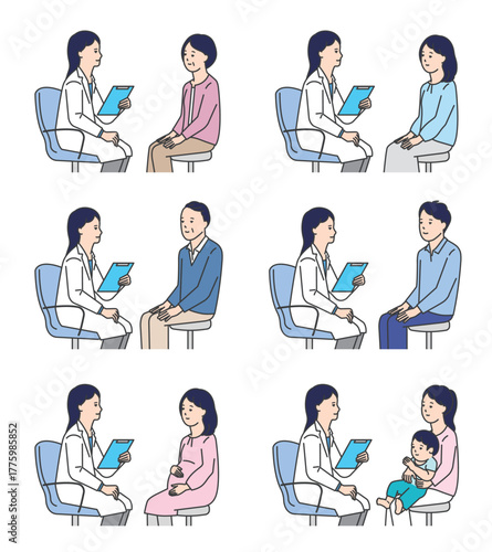 患者を診察する医者のシンプルイラスト素材セット