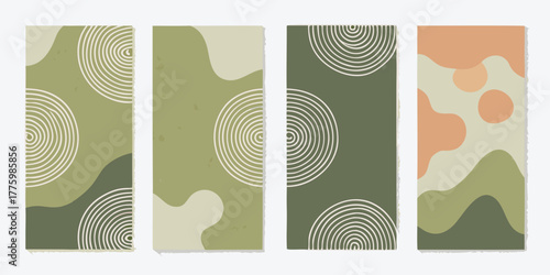 Abstract organic shapes and concentric circles in a muted color palette with a textured background