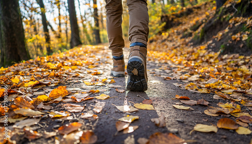 Autumn Trek Hiking Boots on Leafy Forest Path in Fall