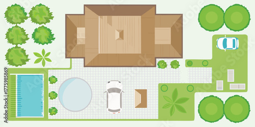 Aerial view of a house with a swimming pool cars and garden landscaping