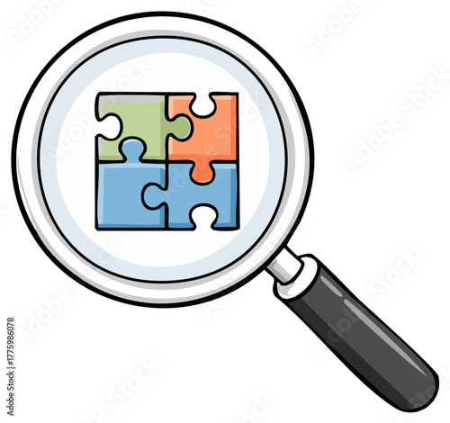 Magnifying glass examining four colorful puzzle pieces, representing problem solving and research.