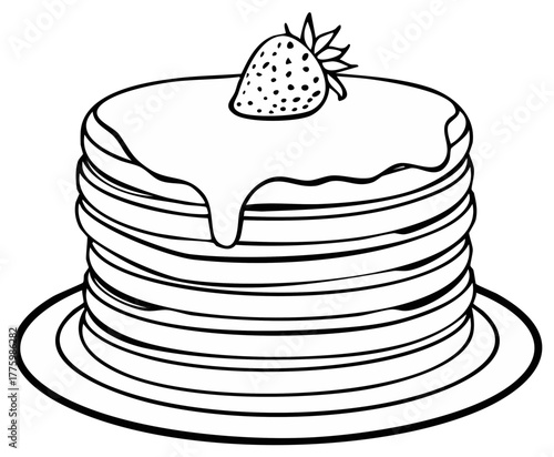 Hand drawn stack of pancakes with syrup and strawberry topping coloring page illustration