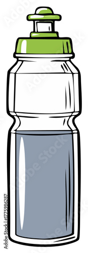 Clear reusable sports water bottle with green cap for workout hydration, cartoon vector illustration
