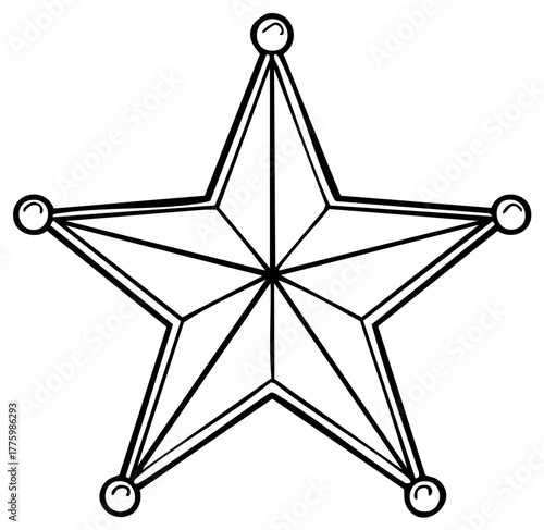 Black and white line art illustration of a classic five-pointed sheriff star badge. Western law symbol.