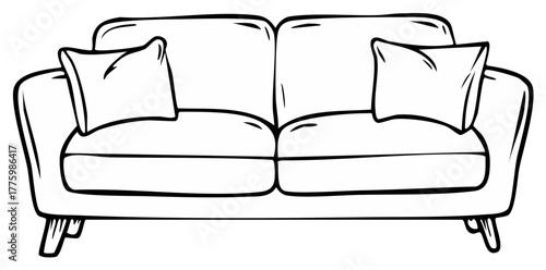 Sofa sketch illustration with cushions, contour drawing, furniture design.