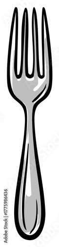 Stylized Silver Fork Cutlery Utensil with Black Outline Illustration for Dining or Cooking
