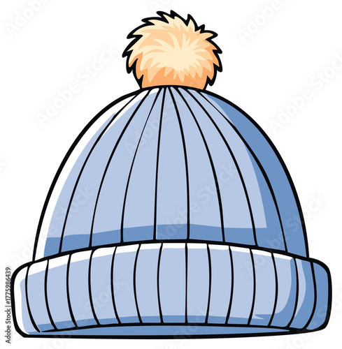 Vector illustration of a light blue knitted winter beanie hat with a fluffy pom pom