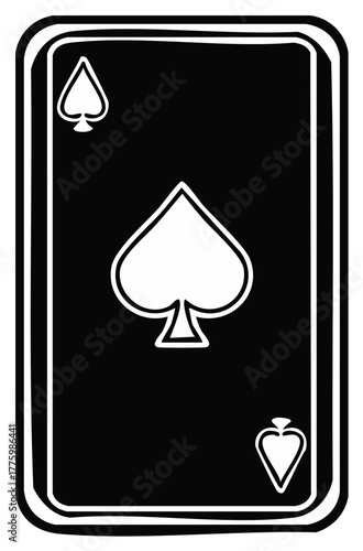 A graphic illustration of a playing card with a spade symbol in white on a black background