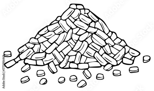 Black and white hand-drawn line art illustration of a large pile of grains and scattered seeds.