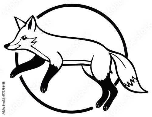 Stylized fox illustration in a black circle. Design featuring a leaping fox with detailed contour.