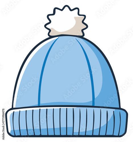 Light blue winter hat with a fluffy white pom-pom and ribbed brim