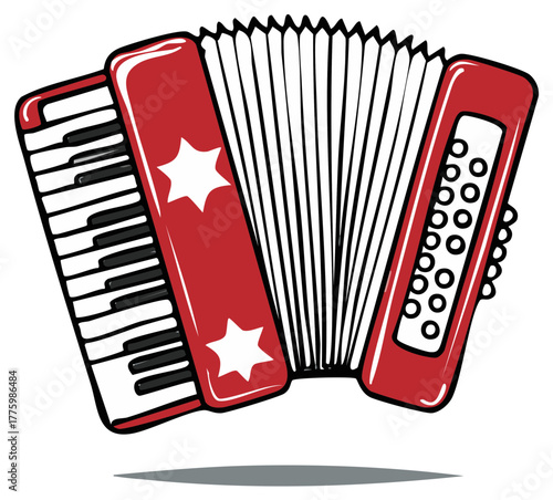 Cartoon illustration of a classic red accordion with white keys and star decoration.