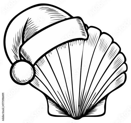 Festive Seashell with Santa Hat Holiday Season Ocean Celebration Icon Art
