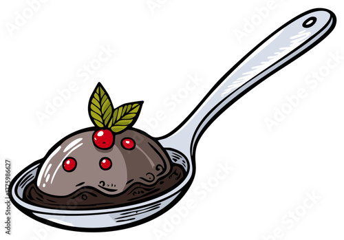 Delicious Chocolate Mousse Dessert with Cranberries and Mint on a Spoon