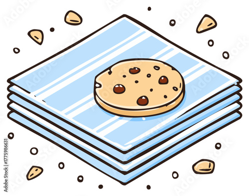 Isolated illustration of a delicious chocolate chip cookie on a stack of light blue striped napkins