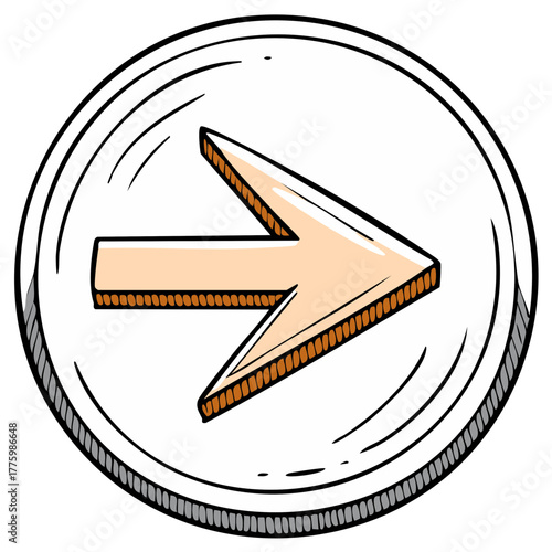 Playful cartoonish right pointing arrow within a circular button frame indicating next direction