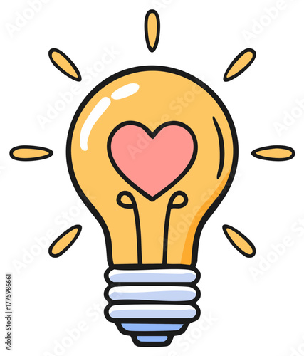 Cartoon lightbulb with heart symbol inside, representing love or romantic ideas