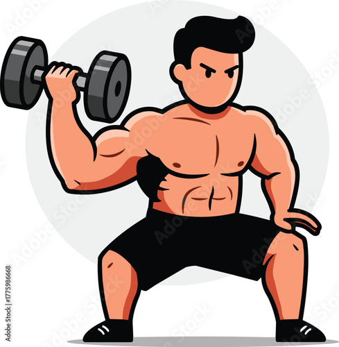 Strong muscular man lifting dumbbell illustration, fitness bodybuilder workout pose, athletic male training, gym exercise vector, strength concept artwork