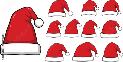 Santa hat collection, Christmas hat icons, festive holiday design, red winter accessory, cartoon style illustration, decorative seasonal art, cheerful celebration