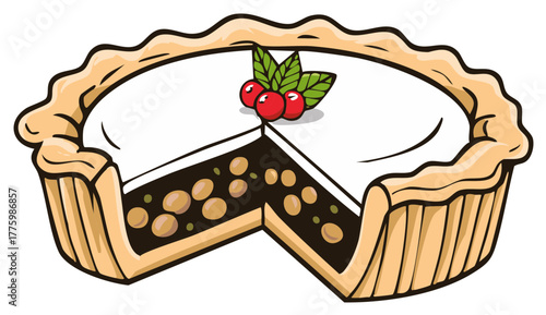 Slice of round fruit tart with red berries and green leaves garnish