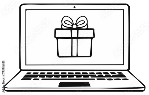 Sketch style laptop displaying a gift box on screen illustrating online shopping and digital gifting