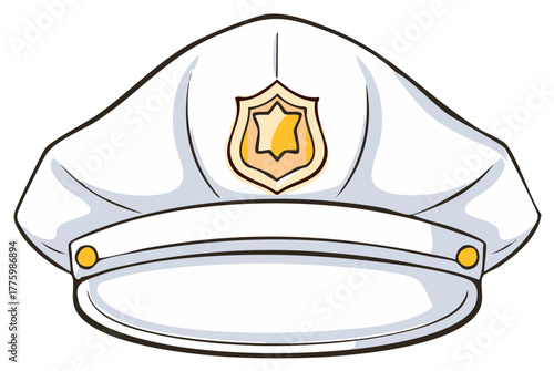 White police hat with badge, isolated, graphic illustration, police enforcement, security service, policeman cap, cartoon.