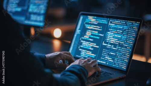 Hacker's Hands Coding on a Laptop Cyber Security Threat, Data Breach, Technology Concept