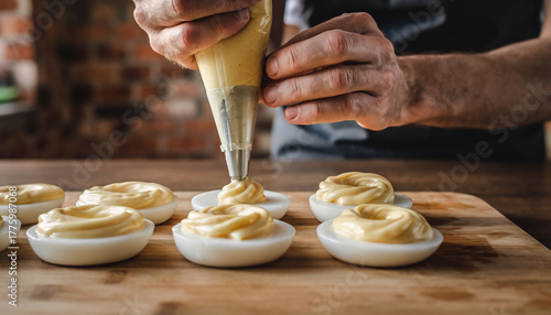 Preparing delicious deviled eggs with creamy filling being piped onto egg whites