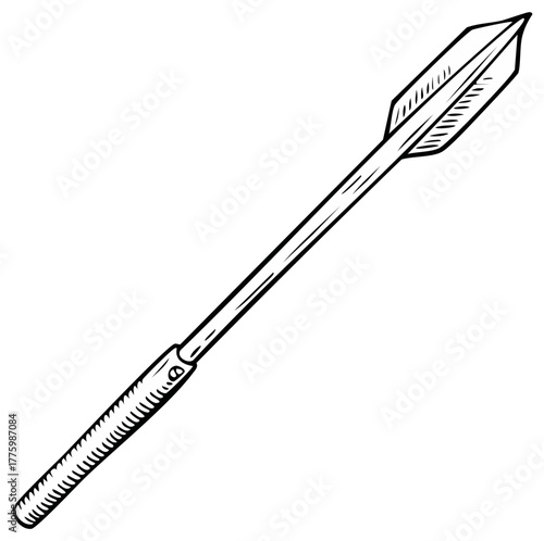 Black and white drawing of a single arrow with fletching and a pointed tip