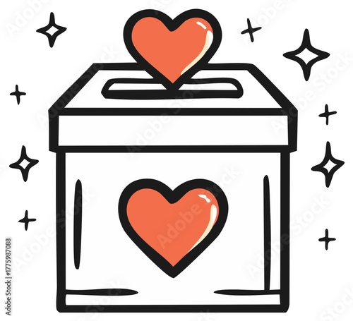 Hand drawn charity donation box with hearts and sparkles for giving and support