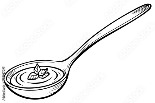 Spoon with soup and garnish. Black and white illustration