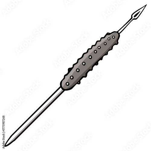 Isolated comic style illustration of a primitive spear with a studded grip