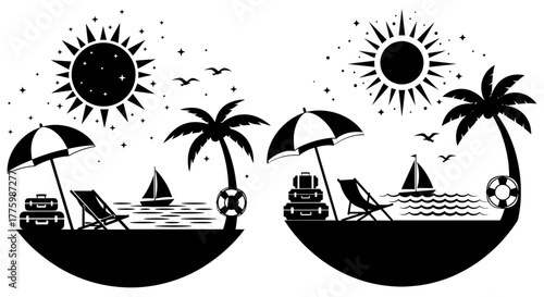 Silhouette of a tropical beach with palm trees, sun, sea, sailboat, deck chair, luggage, and lifebuoy