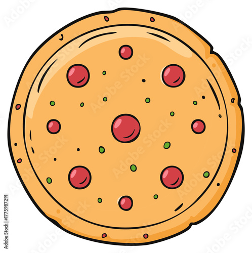 Cartoon Whole Pepperoni Pizza with Green Peas and Black Olive Specks on a Golden Crust