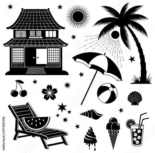 Silhouette of a tropical vacation with a house, palm tree, beach chair, ice cream, cocktail, and beach ball
