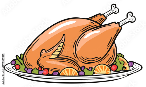 Appetizing roasted whole turkey served on a platter with vibrant fruit and vegetable garnishes festive dinner