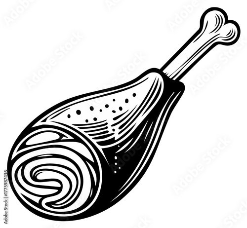 Black and White Engraving Style Illustration of a Cooked Meat Drumstick Bone