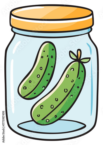 Cartoon illustration of two green pickles preserved inside a clear glass jar with an orange lid