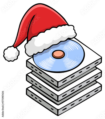 Cartoon Santa hat on compact disc and media stack for Christmas
