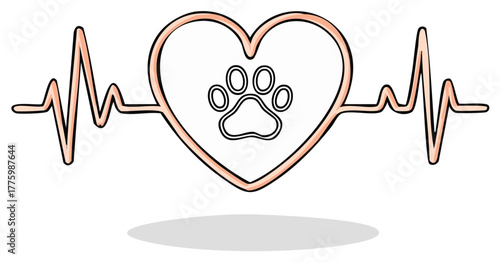 Heartbeat EKG line forming a heart with a paw print inside, symbolizing pet love and veterinary care.