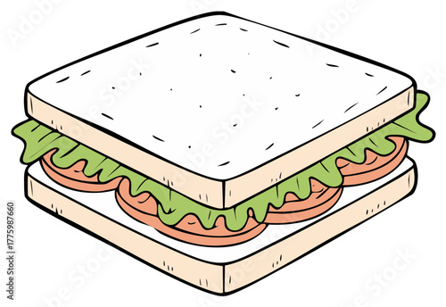 Hand drawn cartoon illustration of a fresh sandwich with lettuce and tomato slices