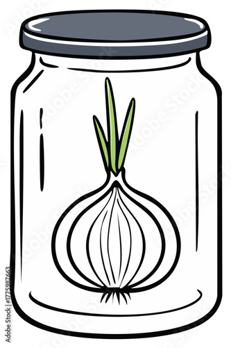 Cartoon illustration of a pickled onion in a glass jar.