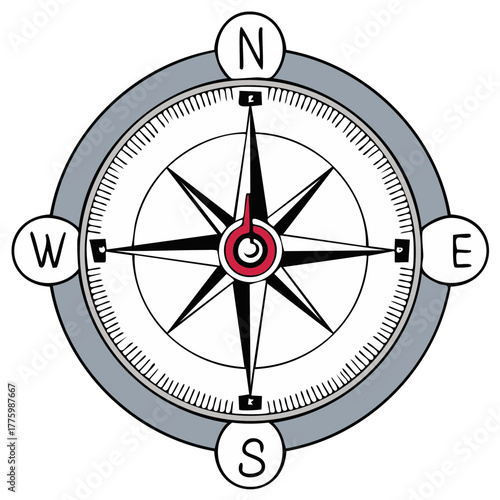 A classic navigational compass illustration with a compass rose showing the cardinal directions North, South, East, and West.