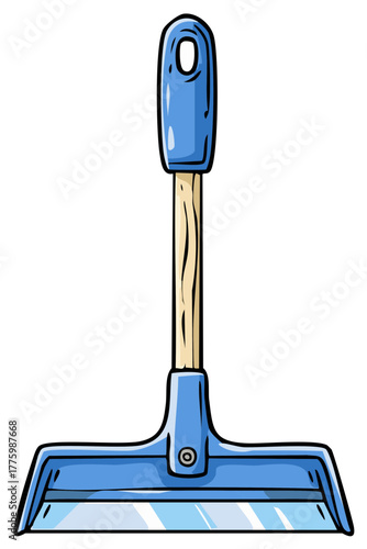 Stylish Blue Dustpan Cartoon with Wooden Handle Housekeeping and Cleaning Equipment Illustration