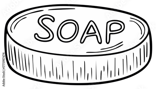 Soap bar illustration with the word SOAP, outline graphic, hygiene concept