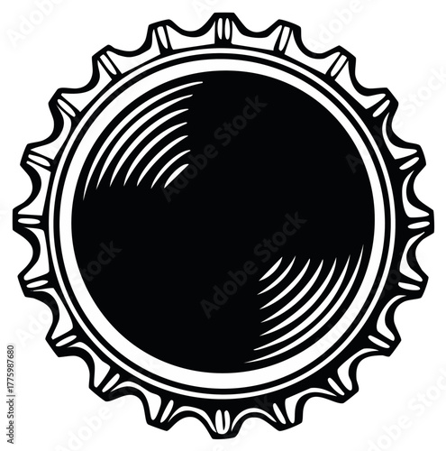Black and white graphic of a bottle cap with a serrated edge and circular pattern