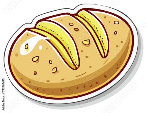 Cartoon loaf of bread with scoring and visible seeds on crust